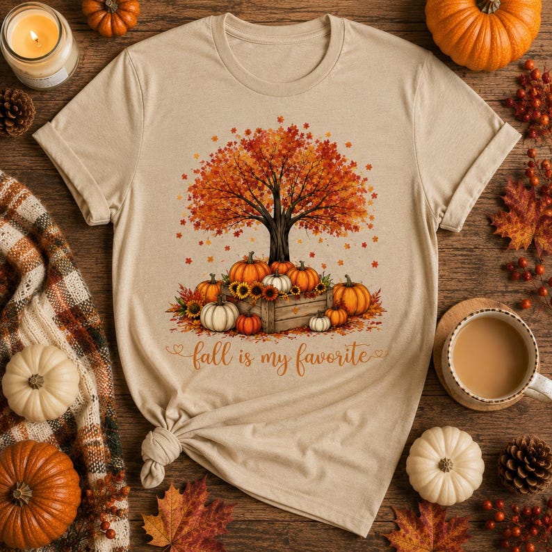 Puede incluir: Una camiseta beige de manga corta con un gr&aacute;fico de un &aacute;rbol grande con hojas de oto&ntilde;o naranjas y rojas, calabazas y girasoles en una caja de madera. El texto "fall is my favorite" est&aacute; impreso en una fuente cursiva debajo.