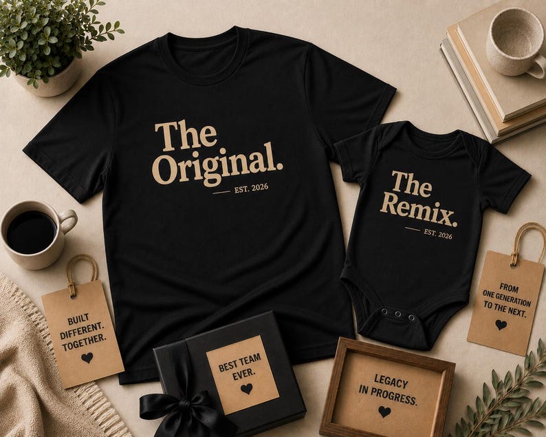 Może przedstawiać: Czarna koszulka z kr&oacute;tkim rękawem z napisem The Original. EST. 2026 oraz czarne body niemowlęce z napisem The Remix. EST. 2026 w kolorze beżowym. Zestaw zawiera zawieszki prezentowe oraz pudełko z napisami, w tym BEST TEAM EVER. oraz LEGACY IN PROGRESS.