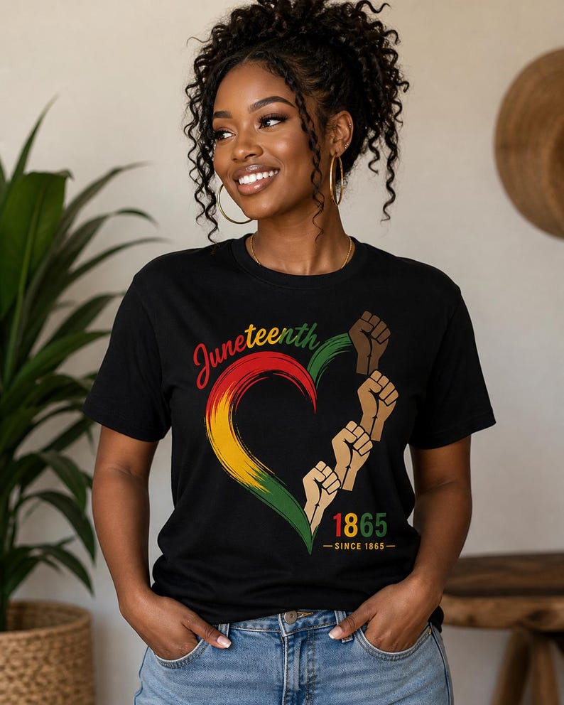 May include: Black t-shirt with a heart-shaped design in red, yellow, and green, featuring raised fists and the text "Juneteenth 1865 - Since 1865". The shirt is worn by a person with curly hair and gold hoop earrings.
