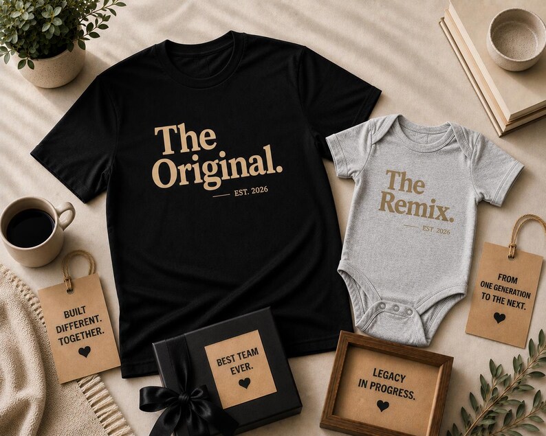 Może przedstawiać: Czarny t-shirt z napisem The Original. EST. 2026 w kolorze beżowym oraz szare body niemowlęce z napisem The Remix. EST. 2026 w kolorze beżowym. Zestaw zawiera czarne pudełko prezentowe z napisem BEST TEAM EVER. oraz dwie beżowe etykiety z tekstem.