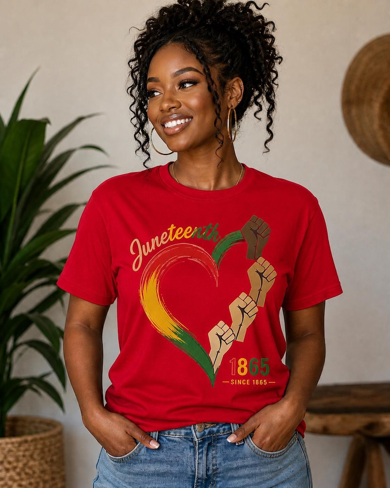 May include: Red t-shirt with a heart-shaped design in the colors of the Pan-African flag, featuring the word "Juneteenth" and the year "1865". The design includes raised fists. The shirt is worn by a person.