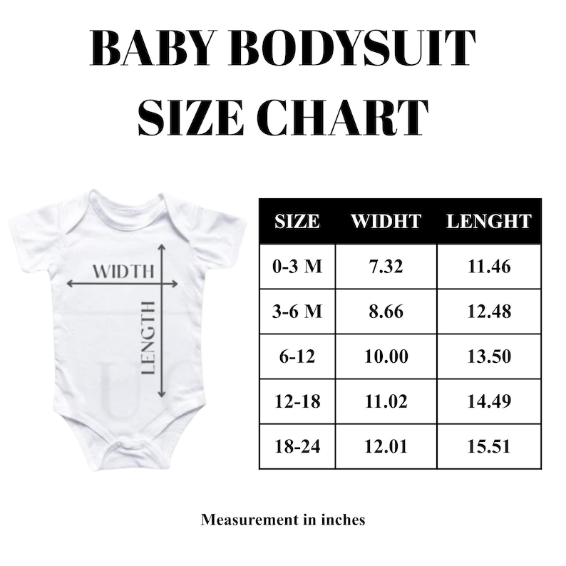 Może przedstawiać: Tabela rozmiar&oacute;w body dziecięcego z grafiką body z kr&oacute;tkim rękawem i strzałkami wymiar&oacute;w. Tabela zawiera rozmiary od 0-3 M do 18-24 z wymiarami w calach, szerokości od 7,32 do 12,01 oraz długości od 11,46 do 15,51.