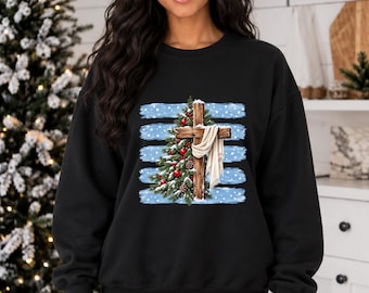 Sudadera navideña cristiana, sudadera rústica con cruz navideña, suéter navideño de Jesús, suéter de invierno con estampado religioso, regalo basado en la fe.
