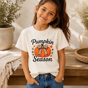 Pumpkin Season Shirt & Sweatshirt, Girls Fall Pumpkin Tee, Leopard Bow Autumn Top, Cute Thanksgiving Outfit, Pumpkin Patch Gift for Kids