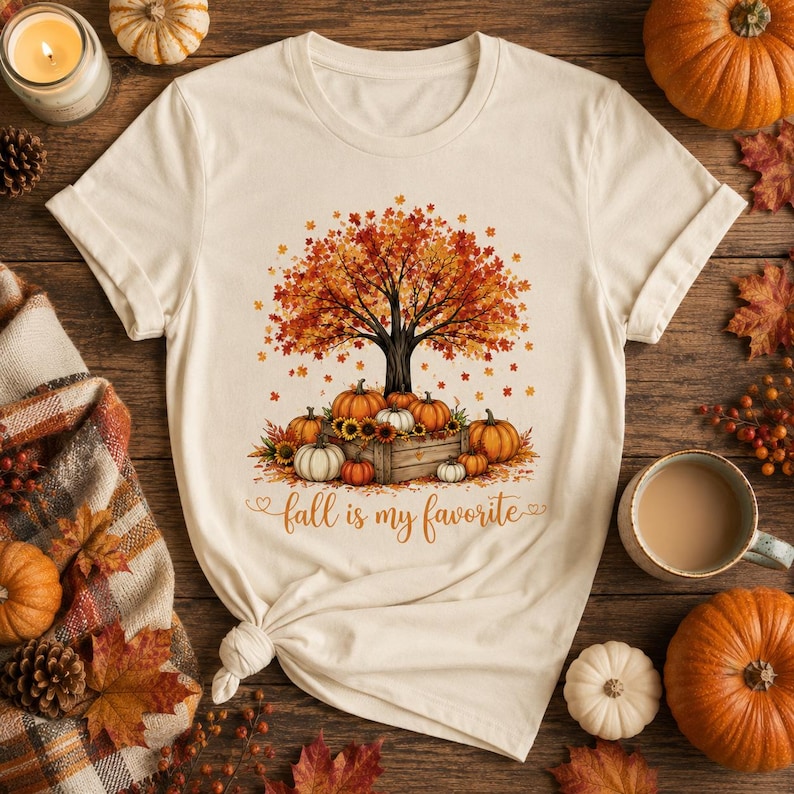 Camiseta "El otoño es mi estación favorita", camiseta "Campo de calabazas", camiseta con estampado de árbol otoñal, camiseta de Acción de Gracias, camiseta acogedora de otoño, regalo de otoño para mujer imagen 1