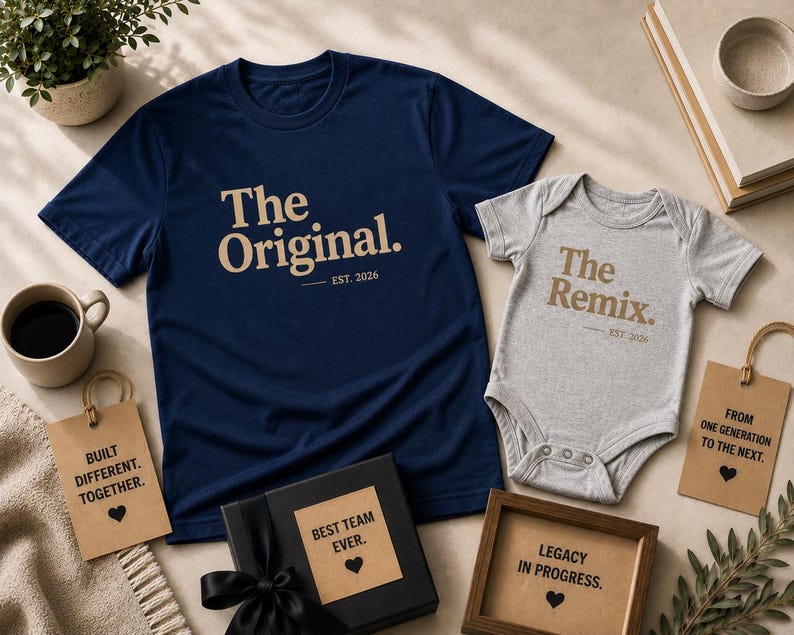 Może przedstawiać: Granatowa koszulka z napisem The Original. EST. 2026 w kolorze opalenizny oraz szare body niemowlęce z napisem The Remix. EST. 2026 w kolorze opalenizny. Zestaw zawiera zawieszki prezentowe z tekstami, w tym Built Different. Together. oraz From One Generation To The Next.