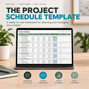 Puede incluir: Una pantalla de portátil que muestra una plantilla de cronograma de proyecto con columnas para ID de tarea, actividad, fase, propietario, fechas, estado y dependencias. El texto dice THE PROJECT SCHEDULE TEMPLATE, PRACTICAL, STRUCTURED, EASY TO USE, ORGANIZE ACTIVITIES, ASSIGN OWNERSHIP, TRACK PROGRESS, MOVE FORWARD.