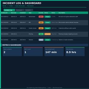 Könnte beinhalten: Ein dunkelblaues Dashboard zeigt ein Incident-Log mit Daten zu Ransomware, BEC und Malware. Das Dashboard enthält Metriken für offene Vorfälle, SEV1-Anzahl, durchschnittliche Eindämmungszeit (147 min) und durchschnittliche Wiederherstellungszeit (8,9 Std.).