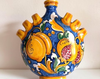 Vintage Brancaleone Caltagirone Sicilian Majolica Bud Vase | Hand Painted Italian Ceramic Lemon & Pomegranate Multi-Neck Vase