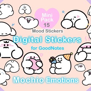 以下が含まれることがあります： さまざまな表情を持つ白い雲のようなキャラクターが特徴のデジタルムードステッカーのコレクション。「Mini Pack 15 Mood Stickers」と「Digital Stickers for GoodNotes」のラベルが付いており、下部に「Mochio Emotions」の文字があり、すべて薄いピンク色の背景に表示されています。
