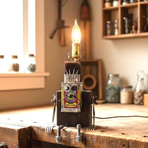 Robot Lamp Handmade – Recycled Metal Robot Sculpture, Upcycled Industrial Desk Light