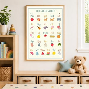 May include: A framed educational poster titled "THE ALPHABET" features colourful illustrations for each letter. The poster includes images of an apple, ball, cat, dog, and elephant. The poster is in a light-coloured wooden frame.