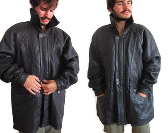 Black Leather Winter Warm Jacket Mens Genuine Leather Coat, Mens Vintage Winter Coat, plus size 18 to 20, Mens Leather Coat 50, Man Coats 50