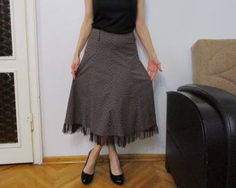 Brown Skirts, Vintage Skirt, Ruffled Skirt, Polka Dot Maxi Skirt, Denim Ruffle Skirt 90s High Waist Vintage Midi Length Skirt Medium
