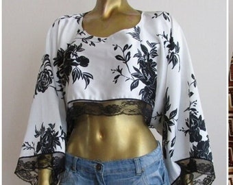 Black White / Chevron / Crop Top / Lace Top / Zig Zag / Loose / Wide Sleeve / Dolman Sleeve Blouse / Cover Up / Oversized / Floral / L / M