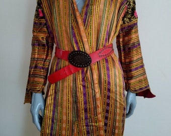 Vintage Turkish Traditional Handmade Silk Kaftan, Anatolian Costume, Ottoman Multi color Stripes Pure Silk Caftan Rainbow Dress 1950 Size S