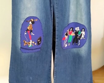 Vintage 2000's Jeans Dark Wash Low Rise Wide Leg Denim Jeans, Long Wide-Leg Blue Denim Pants, boho hippie Trousers for Women, Blue Jeans 32