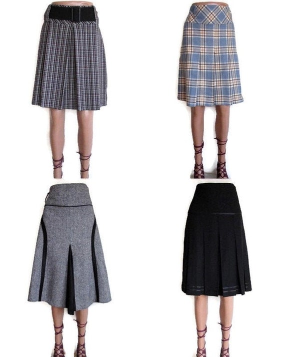 Women Blue Pleated Wool Winter Vintage 80s Midi Sk