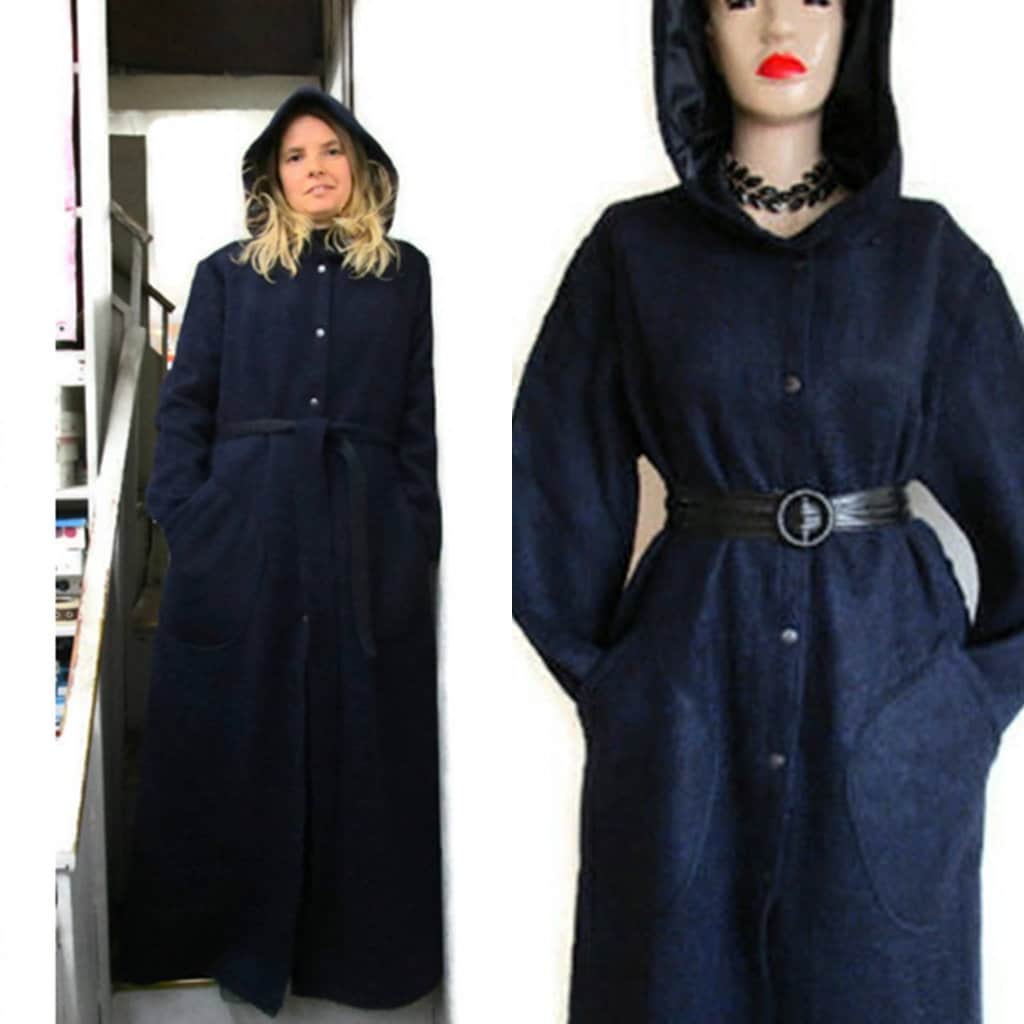 Women Navy Blue Maxi Wool Hooded Coat Ladies Coat Wool Etsy
