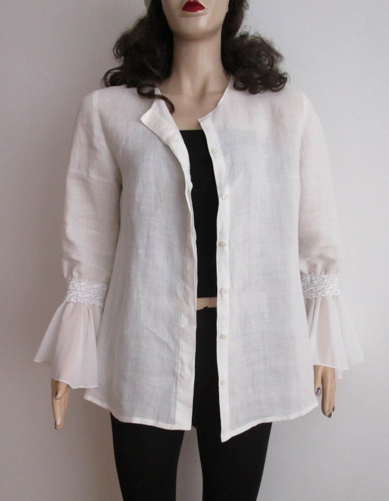 Women's White Button Down Linen Shirt Bell Sleeve Blouse Etsy