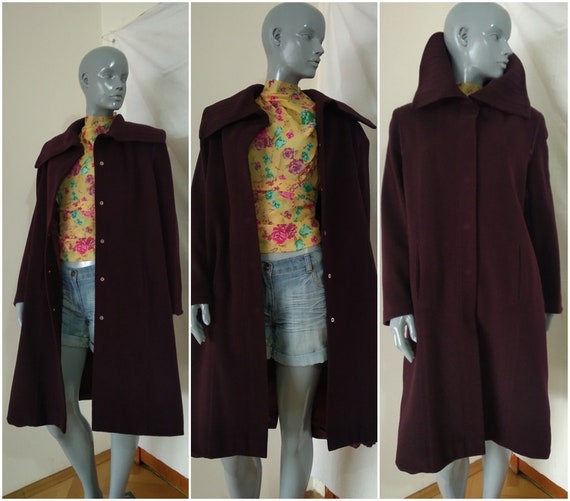 Dark Purple Shawl Collar Coat, Wool Winter Side A… - image 2