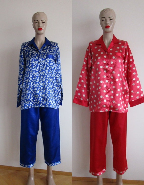 Women Pajama Set, Red Satin Shirt Pants, Nevy Blue