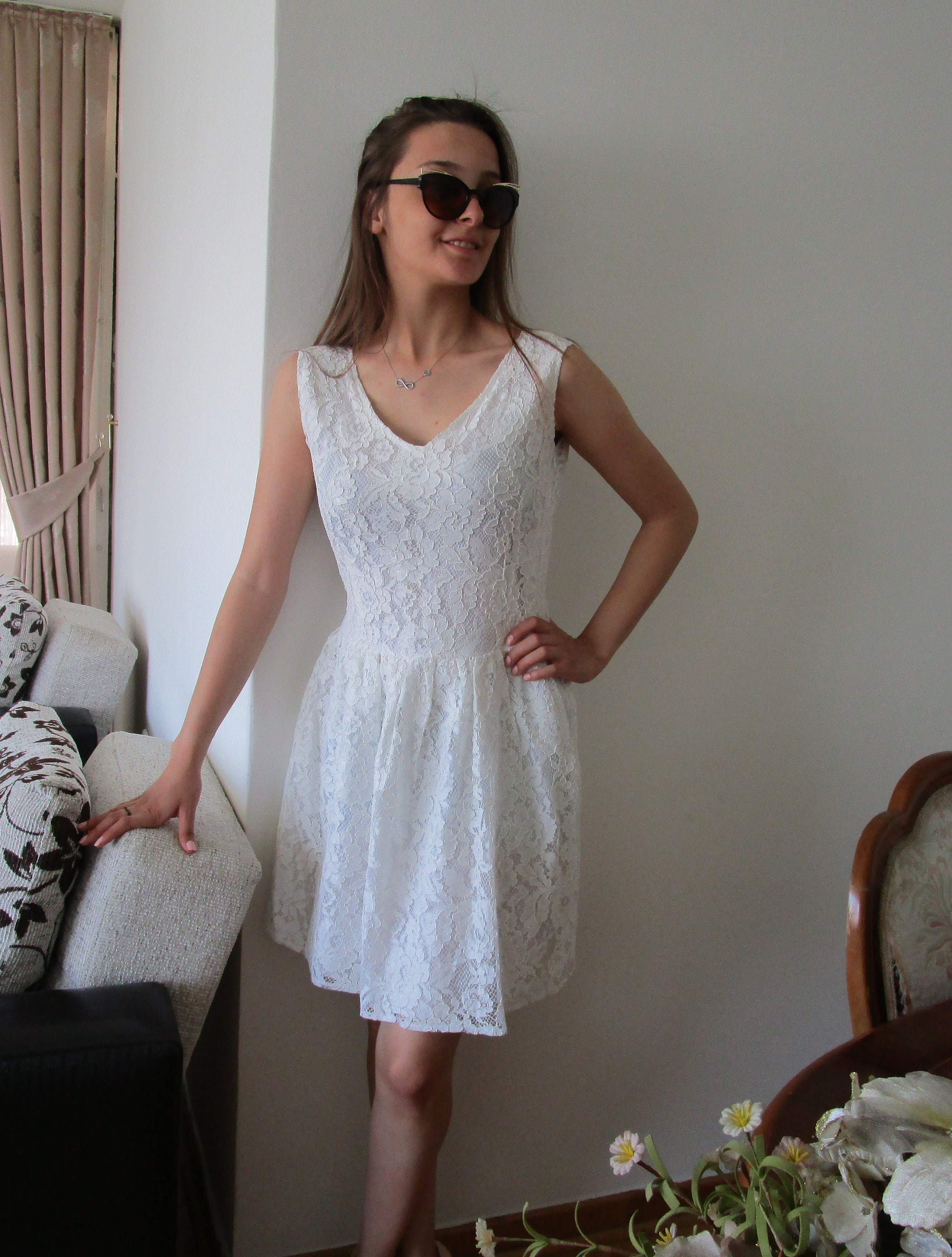 White Lace Bow Dress Of White Lace Large Bow V Neck Dress | Etsy