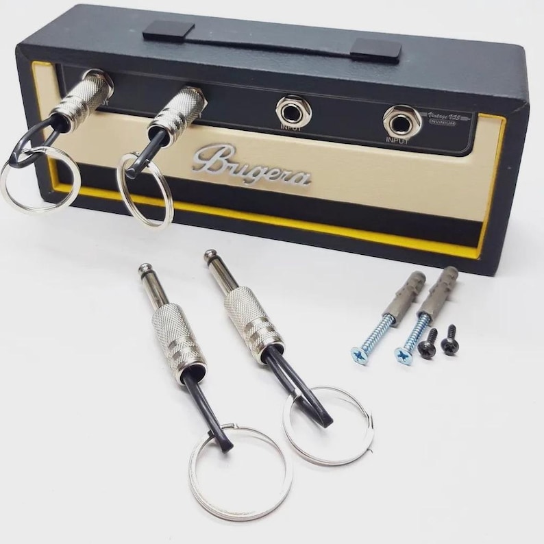 Miniature Bugera Head Amplifier Key Holder –  Mini Guitar Amp Keychain Rack with 4 Jack Plug Hooks – Mini Wall Key Organizer