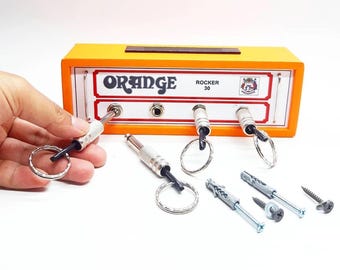 Llavero con amplificador de cabeza naranja en miniatura – Mini llavero con amplificador de guitarra y 4 ganchos para conectores jack – Mini organizador de llaves de pared