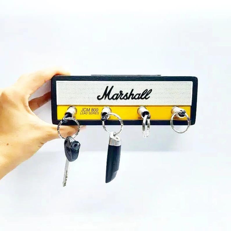 Miniature Marsh all Head Amplifier Key Holder –  Mini Guitar Amp Keychain Rack with 4 Jack Plug Hooks – Mini Wall Key Organizer