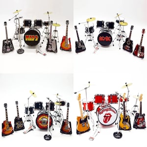 Miniatura batteria Rock Band 1:12 con chitarre / Mini replica batteria fatta a mano / Strumento musicale da esposizione per regalo di compleanno per batterista #A