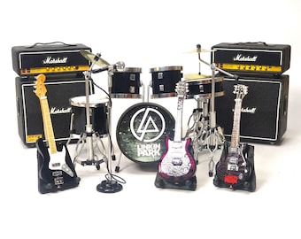 Miniature Drum Lin Kin Park with guitars & Amplifier set 1:12 | Realistic Replica Mini Drum Kit | Musician Birthday Gift Instrument Display