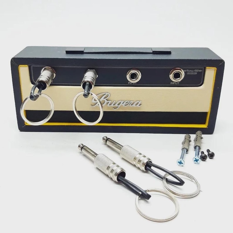 Miniature Bugera Head Amplifier Key Holder –  Mini Guitar Amp Keychain Rack with 4 Jack Plug Hooks – Mini Wall Key Organizer