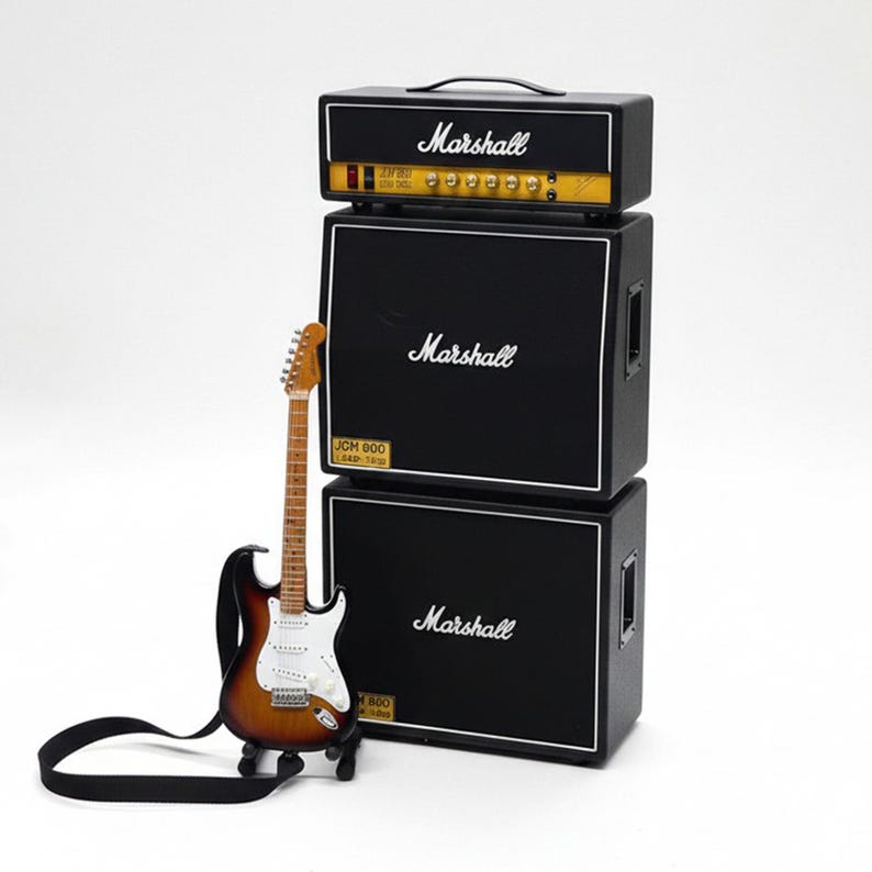 Miniature Guitar Stratocaster Sunburst with Amplifier Marsh all 1:6  | Realistic Replica Mini Electric Guitar & 3 Stack Amp | Birthday Gift
