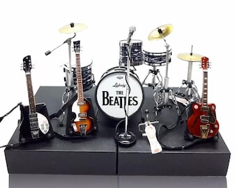 Miniature Drum Set The Beatles 1:12 with guitars | Mini Replica Drum Kit Handmade | Drummer Birthday Gift Instrument Musical Rack Display