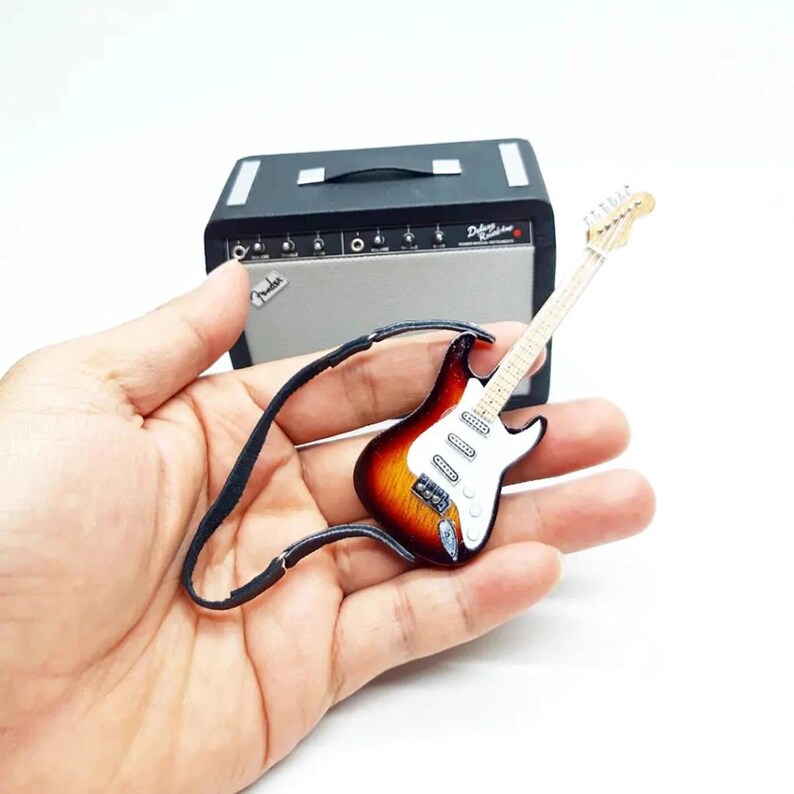 Miniature Guitar Stratocaster Sunburst with Fe nder Amplifier Scale 1:12 | Realistic Replica Mini Electric Guitar | Guitarist Birthday Gift