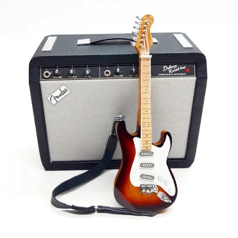 Miniature Guitar Stratocaster Sunburst with Fe nder Amplifier Scale 1:12 | Realistic Replica Mini Electric Guitar | Guitarist Birthday Gift