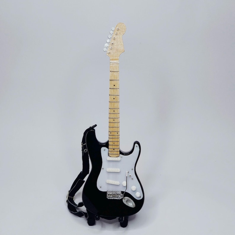 Miniature Guitar Stratocaster Black White Scale 1:4 | Replica Mini Electric Guitar Handmade | Guitarist Birthday Gift Music Instrument