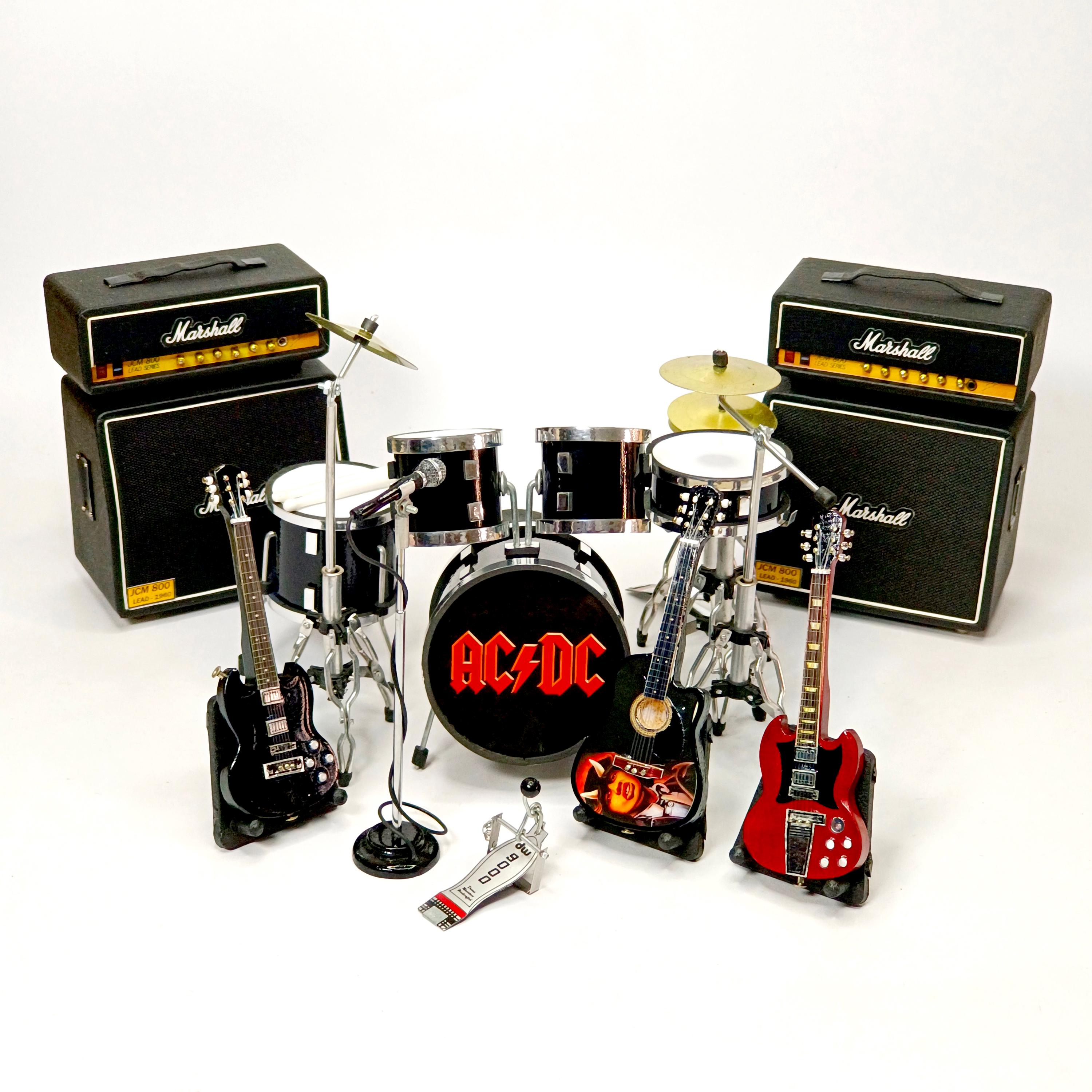 Miniature Drum AC/DC with guitars & Amplifier set 1:12 | Realistic Replica ACDC Mini Drum Kit | Musician Birthday Gift Instrument Display