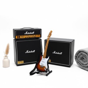 Miniature Guitar Stratocaster Sunburst with Amplifier Marsh all 1:6  | Realistic Replica Mini Electric Guitar & 3 Stack Amp | Birthday Gift