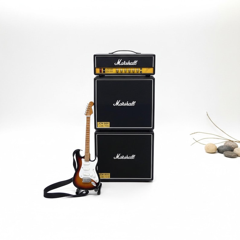 Miniature Guitar Stratocaster Sunburst with Amplifier Marsh all 1:6  | Realistic Replica Mini Electric Guitar & 3 Stack Amp | Birthday Gift