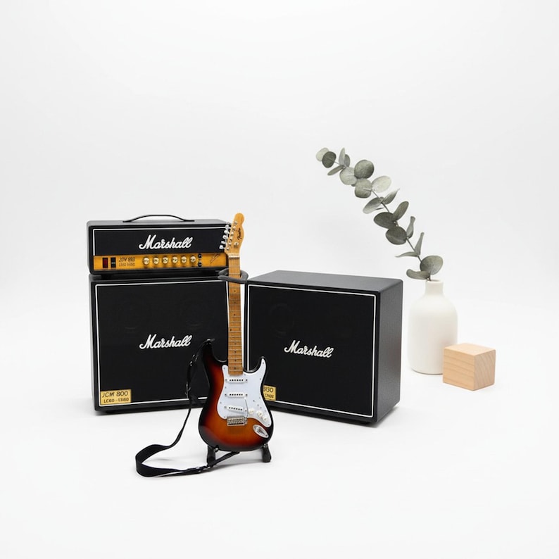 Miniature Guitar Stratocaster Sunburst with Amplifier Marsh all 1:6  | Realistic Replica Mini Electric Guitar & 3 Stack Amp | Birthday Gift