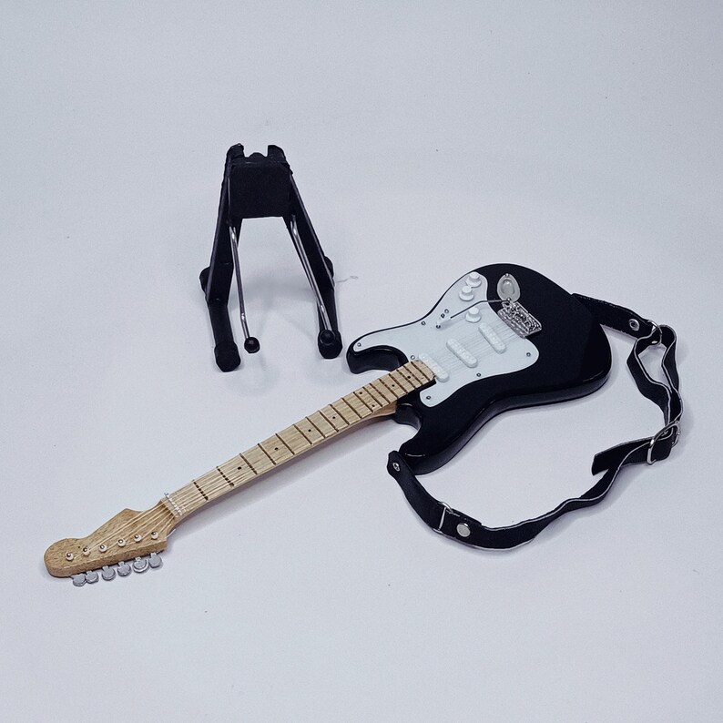 Miniature Guitar Stratocaster Black White Scale 1:4 | Replica Mini Electric Guitar Handmade | Guitarist Birthday Gift Music Instrument