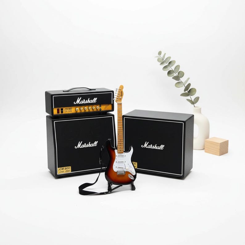 Miniature Guitar Stratocaster Sunburst with Amplifier Marsh all 1:6  | Realistic Replica Mini Electric Guitar & 3 Stack Amp | Birthday Gift