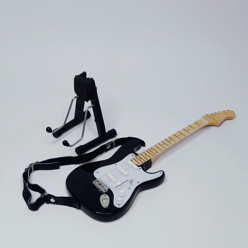 Miniature Guitar Stratocaster Black White Scale 1:4 | Replica Mini Electric Guitar Handmade | Guitarist Birthday Gift Music Instrument