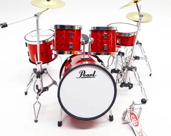 Miniature Drum Set Pearl Red 1:12 | Mini Replica Drum Kit Handmade | Drummer Birthday Gift Instrument Musical Rack Display