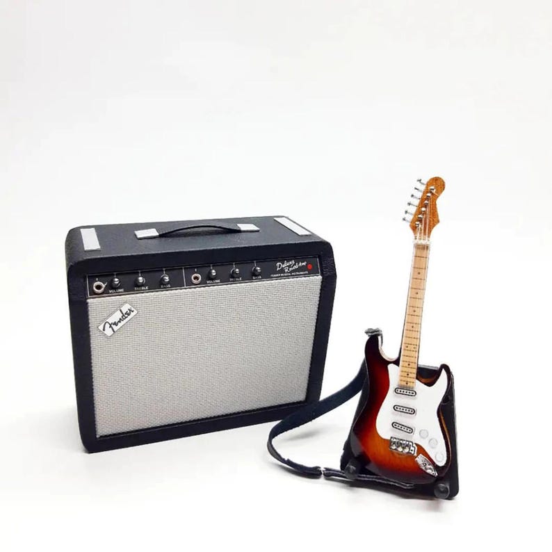 Miniature Guitar Stratocaster Sunburst with Fe nder Amplifier Scale 1:12 | Realistic Replica Mini Electric Guitar | Guitarist Birthday Gift