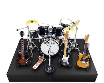 Batería en miniatura Ya ma ha negra 1:12 con guitarras / Réplica realista de batería en miniatura / Regalo de cumpleaños para baterista, instrumento musical, expositor