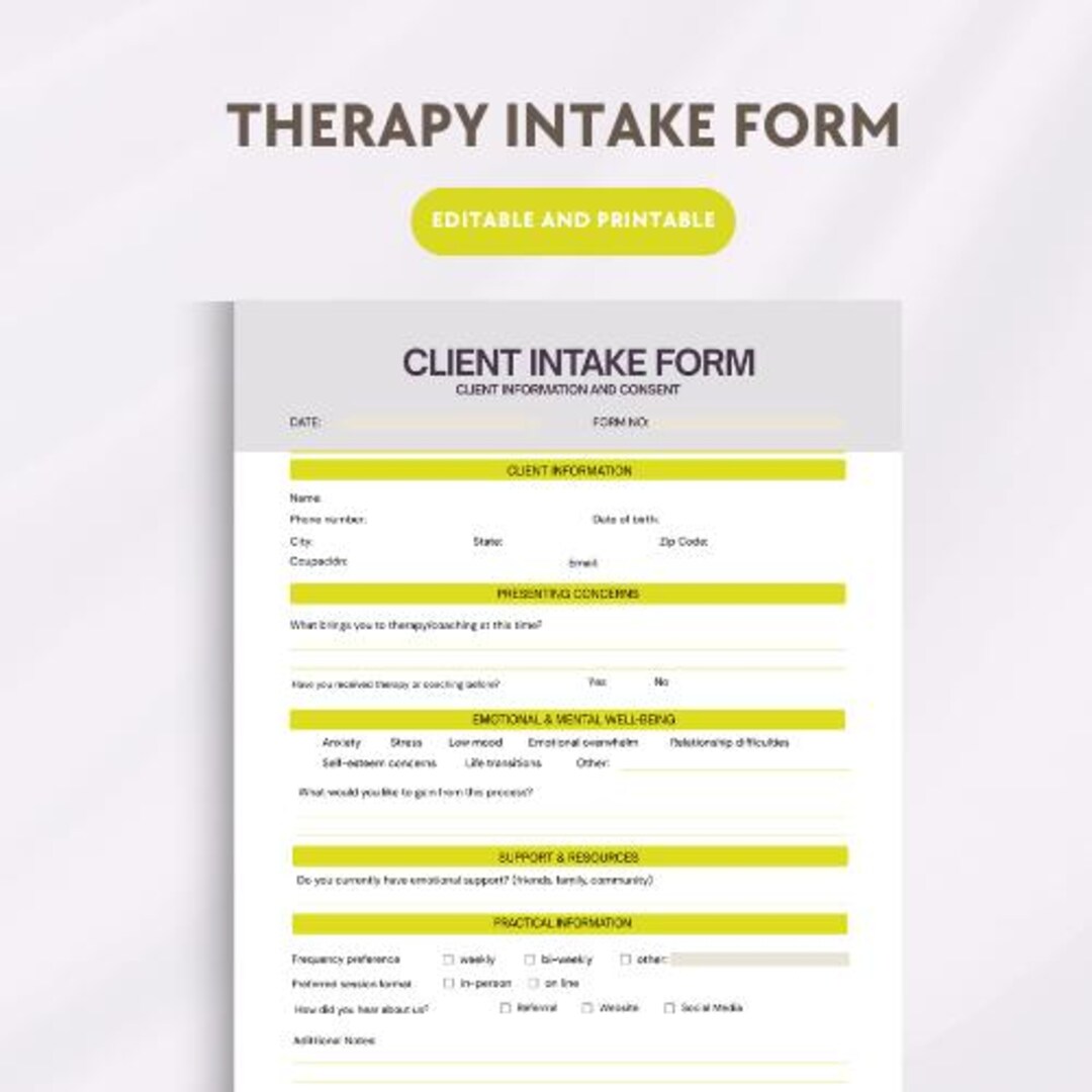 Therapist Intake Form | Fillable PDF + Editable Canva | Professional ...