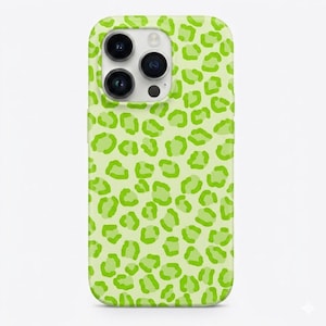 May include: A lime green phone case with a repeating pattern of bright green leopard spots. The case has a rounded rectangular shape with cutouts for the phone's camera and buttons. The overall design is playful and modern.